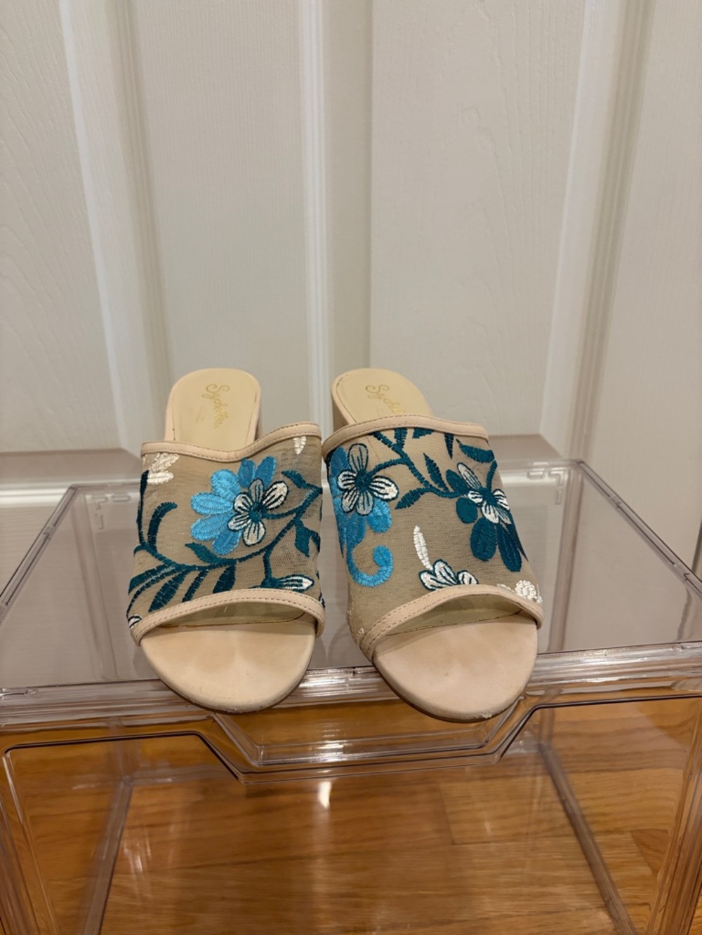 Beige Floral Embroidered Slip-On Sandals